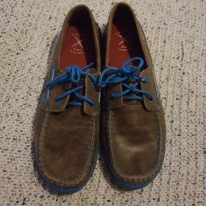 Brown and turquoise moccasins